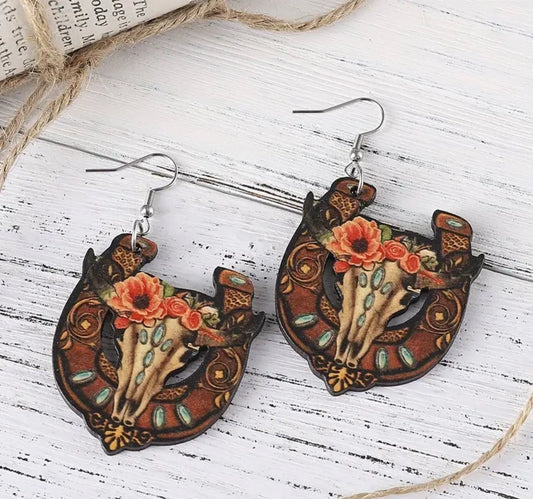 Western Bull Wooden Earrings with Flower Design