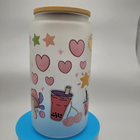 Kawaii Coffee Glass Cup with Bamboo Lid Straw and Cleaner - Eco-Friendly Camping and Travel Mug