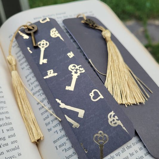 Dark Keys Bookmark with Silky Tassels and Cute Charm - Handmade Gift for Book Lovers